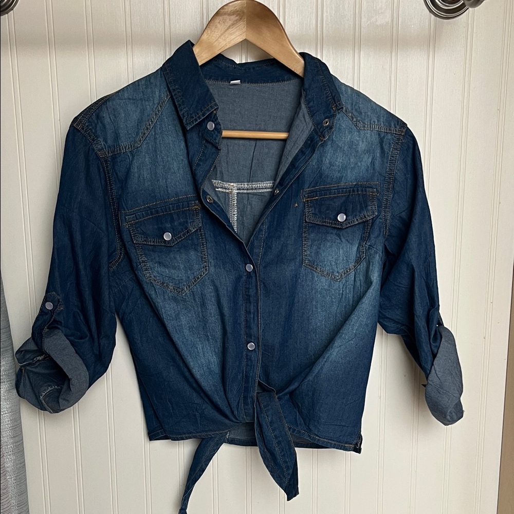 Tied Front Denim Shirt - Dark Wash